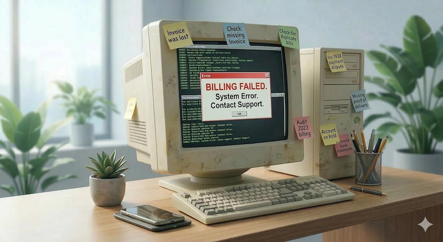 Image showing a cluttered, disorganized billing workflow on a computer screen